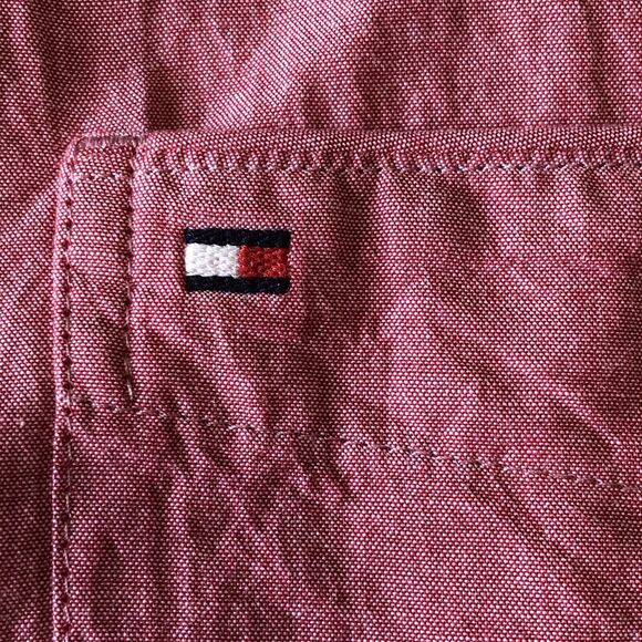 Tommy Hilfiger Men’s Button Up Shirt Custom Fit Heather Red Short Sleeve Large - Picture 10 of 15